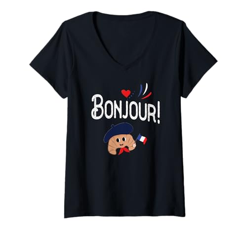 Damen Bonjour Mädchen-Reise, Frankreich T-Shirt mit V-Ausschnitt von Bonjour French Trip Cute Kawaii Croissant