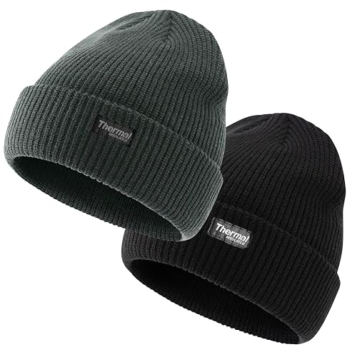 Bonjour Klassische Beanie-Mützen mit Bündchen: Thermo-Wintermütze, warm, isoliert, für Herren und Damen, klassisch, weich, dehnbar, 2 Stück, schwarz anthrazit, Einheitsgröße von Bonjour