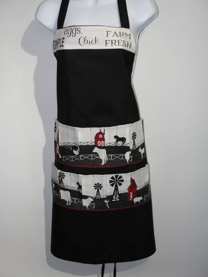 Latzschürze Mit 12 Taschen, Handgefertigt, Schwarz Hühnerhof Kühen Hühner Schweinen Eier Sammeln von BonnSewingroom