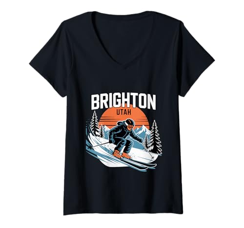 Damen Vintage Brighton Utah Skifahren T-Shirt mit V-Ausschnitt von Bonneville Salt Flats Utah Hotrod Race Car Decor
