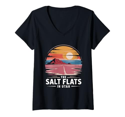 Damen Retro Desert Sunset Vintage Sci-Fi Landschaft Utah Salzwohnungen T-Shirt mit V-Ausschnitt von Bonneville Salt Flats Utah State