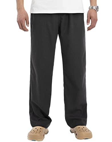 Bonnorth Herren Leinen Lose Kordelzug Elastische Taille Weites Bein Solide Freizeithose, Schwarz, Mittel Bonnorth Herren Leinen Lose Kordelzug Elastische Taille Weites Bein Solide Freizeithose, Schwarz, Mittel von Bonnorth