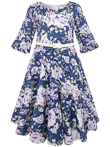 BONNY BILLY Mädchen Kleider Vintage Blumen Festlich Herbst Winter Kinder Kleid mit Gürtel 7-8 Jahre/122-128 Lila (3/4 Ärmel) von BONNY BILLY