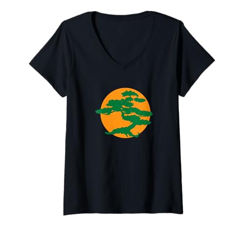 Damen Bonsai-Baum mit orangefarbener Sonne, japanischer Karate-Zen T-Shirt mit V-Ausschnitt von Bonsai Tree Japanese Style Designs