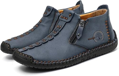 Bontebian Herren Hand Nähen Leder rutschfeste Seite Reißverschluss Freizeitstiefel (Blau,44) von Bontebian