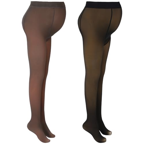 Bonuci 2 Stück Frauen Umstandsstrumpfhose Winter Fleece Gefüttert Strumpfhose Hohe Taille Schwangerschaft Dehnbar Warme Strumpfhose, Durchscheinendes Schwarz, durchscheinendes Braun, Einheitsgröße von Bonuci