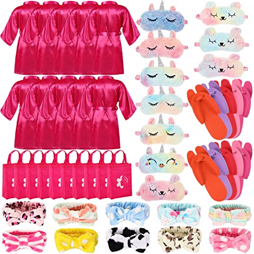 Bonuci 50 Stück Spa-Partyzubehör für Mädchen, Kinder-Übernachtung, Partygeschenke, inklusive 10 Satin-Kimono-Bademantel, 10 Tragetaschen, 10 Flop-Hausschuhe, Leuchtende Farben, Einheitsgröße von Bonuci