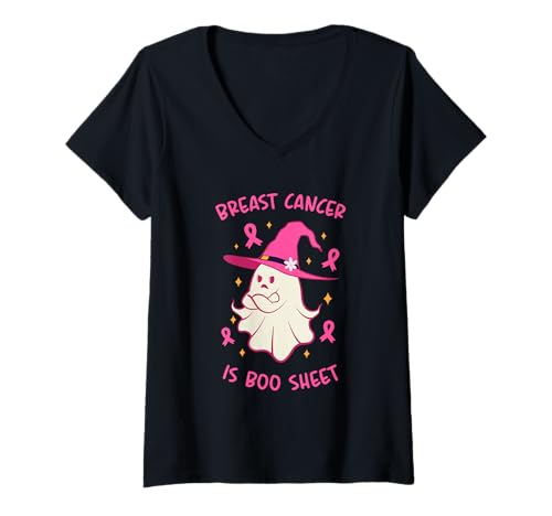 Damen Brustkrebs ist Boo Blatt Halloween Brustkrebs Bewusstsein T-Shirt mit V-Ausschnitt von Boo Breast Cancer