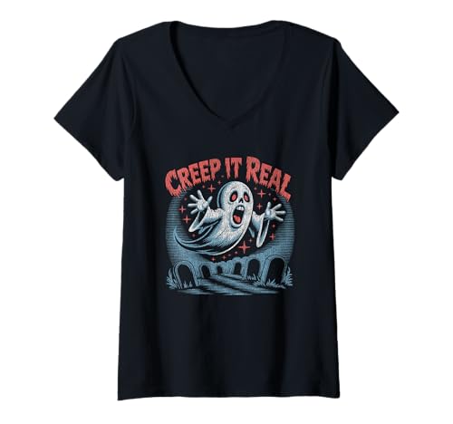 Damen Niedlicher Cartoon-Geist mit Creep It Real in Friedhof, Halloween T-Shirt mit V-Ausschnitt Damen Niedlicher Cartoon-Geist mit Creep It Real in Friedhof, Halloween T-Shirt mit V-Ausschnitt von Boo Crew Apparel