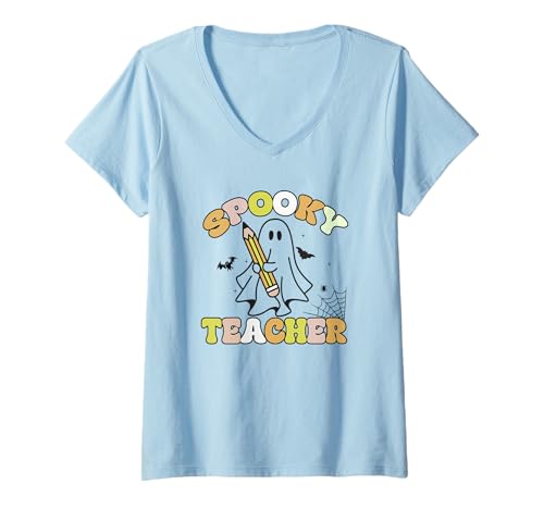 Damen Niedliches Geister-Bleistift-Kostüm für Lehrer und Halloween, Klassenzimmer T-Shirt mit V-Ausschnitt von Boo Crew Teacher Designs