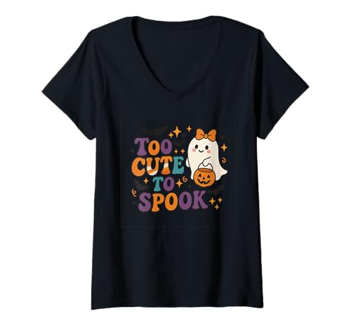 Damen Halloween-Geistermotiv für Kinder, Too Cute to Spook T-Shirt mit V-Ausschnitt von Boo Crew