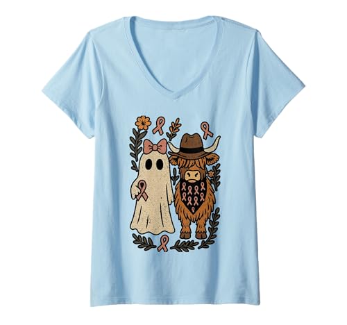 Damen Kokette Herbst Brustkrebs Highland Cow Ghost Halloween T-Shirt mit V-Ausschnitt Damen Kokette Herbst Brustkrebs Highland Cow Ghost Halloween T-Shirt mit V-Ausschnitt von Boo Highland Cow Coquette Autumn Breast Cancer