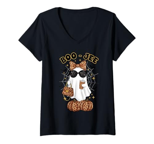 Damen Coquette Leopard Ghost Coffee Boo JEE Halloween Boujee Ghost T-Shirt mit V-Ausschnitt Damen Coquette Leopard Ghost Coffee Boo JEE Halloween Boujee Ghost T-Shirt mit V-Ausschnitt von Boo-Jee Ghost Halloween Gifts Costumes