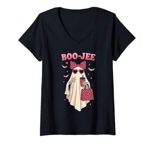 Damen Coquette Leopard Ghost Coffee Boo JEE Halloween Boujee Ghost T-Shirt mit V-Ausschnitt von Boo-Jee Ghost Pink Halloween Costume Gifts