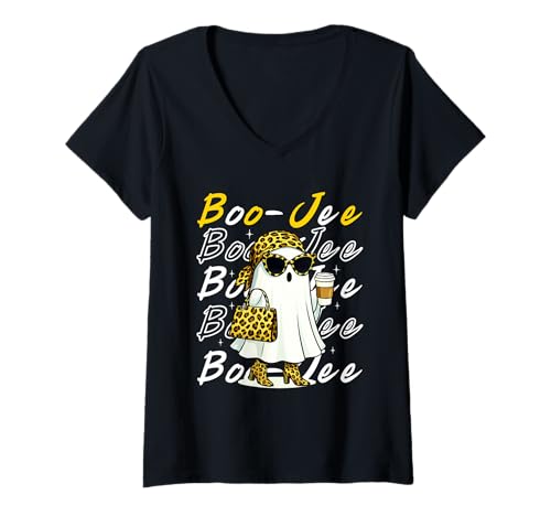 Damen Cute Boujee Ghost Leopard Funny Halloween Boo-JEE Costume T-Shirt mit V-Ausschnitt Damen Cute Boujee Ghost Leopard Funny Halloween Boo-JEE Costume T-Shirt mit V-Ausschnitt von Boo-Jee Leopard Ghost Spooky Season Tee