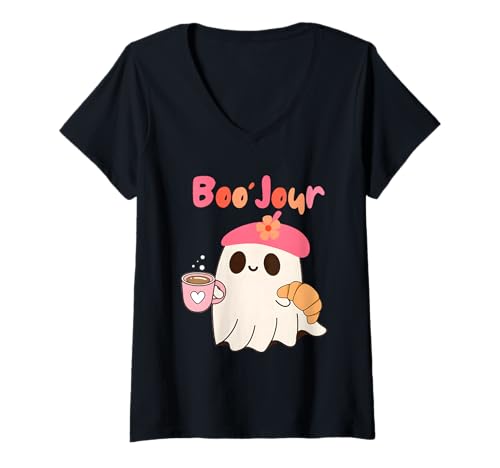Damen Boo Jour Ghost Französischlehrer Vintage Teacherlife Groovy T-Shirt mit V-Ausschnitt Damen Boo Jour Ghost Französischlehrer Vintage Teacherlife Groovy T-Shirt mit V-Ausschnitt von Boo Jour Cute Ghost French Teacher Vintage Tees