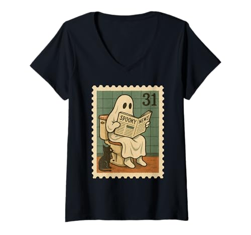 Damen Lustiger Halloween-Briefmarken-Design T-Shirt mit V-Ausschnitt Damen Lustiger Halloween-Briefmarken-Design T-Shirt mit V-Ausschnitt von Boo Mail & Mischief Co.
