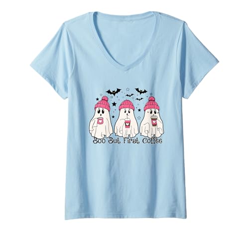 Damen Buh, Aber erster Kaffee Halloween-Kaffeeliebhaber, süßer T-Shirt mit V-Ausschnitt Damen Buh, Aber erster Kaffee Halloween-Kaffeeliebhaber, süßer T-Shirt mit V-Ausschnitt von Boo but first coffee