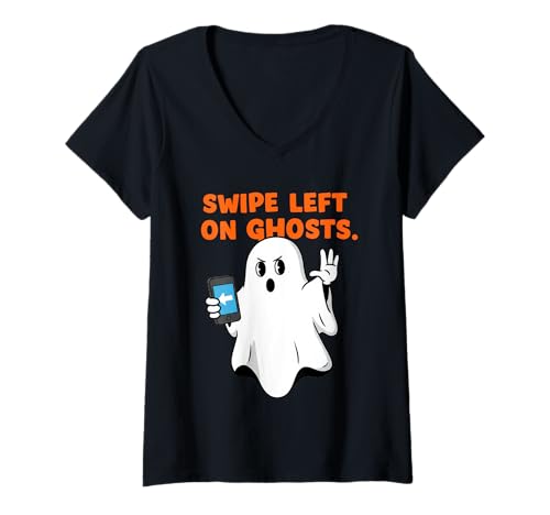 Damen Dating -App Swipe Links Meme Halloween freche Cartoon Ghost T-Shirt mit V-Ausschnitt Damen Dating -App Swipe Links Meme Halloween freche Cartoon Ghost T-Shirt mit V-Ausschnitt von Boo'd Up Humor collection Co.