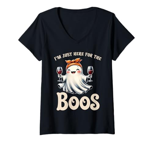 Damen Cute I'm Just Here for The Boos Ghost Booze Drinking Ghost T-Shirt mit V-Ausschnitt von Boo-tique Merch