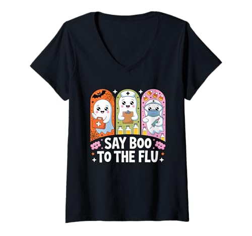 Damen Gruseliges Halloween-Krankenschwester-Kostüm „Sag Buh zur Grippe“ T-Shirt mit V-Ausschnitt Damen Gruseliges Halloween-Krankenschwester-Kostüm „Sag Buh zur Grippe“ T-Shirt mit V-Ausschnitt von Boo to the Flu Halloween Nurse Ghosts Apparel