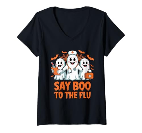 Damen Gruseliges Halloween-Krankenschwester-Kostüm „Sag Buh zur Grippe“ T-Shirt mit V-Ausschnitt von Boo to the Flu Halloween Nurse Ghosts Apparel