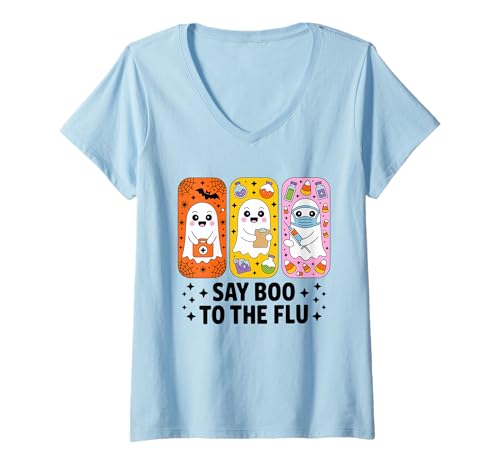 Damen Gruseliges Halloween-Krankenschwester-Kostüm „Sag Buh zur Grippe“ T-Shirt mit V-Ausschnitt Damen Gruseliges Halloween-Krankenschwester-Kostüm „Sag Buh zur Grippe“ T-Shirt mit V-Ausschnitt von Boo to the Flu Halloween Nurse Ghosts Apparel