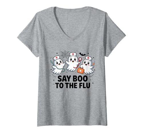 Damen Gruseliges Halloween-Krankenschwester-Kostüm „Sag Buh zur Grippe“ T-Shirt mit V-Ausschnitt Damen Gruseliges Halloween-Krankenschwester-Kostüm „Sag Buh zur Grippe“ T-Shirt mit V-Ausschnitt von Boo to the Flu Halloween Nurse Ghosts Apparel