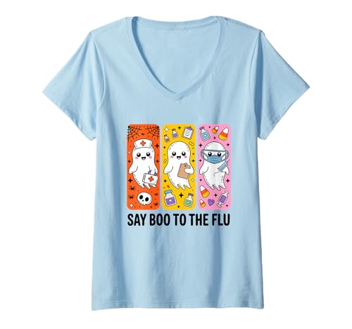 Damen Gruseliges Halloween-Krankenschwester-Kostüm „Sag Buh zur Grippe“ T-Shirt mit V-Ausschnitt Damen Gruseliges Halloween-Krankenschwester-Kostüm „Sag Buh zur Grippe“ T-Shirt mit V-Ausschnitt von Boo to the Flu Halloween Nurse Ghosts Apparel