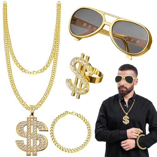 Zuhälter Kostüm Set, 4 Stk HZuhälter Kostüm Goldene Dollar Kette Set,80er 90er Jahre Outfit Herren Hip Hop Kostüm Goldkette Gangster,Hiphop Rapper Accessoires für Männer Frauen Fasching Karneval Party von Booaee
