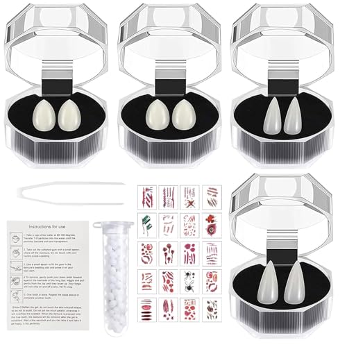 Vampir Zähne,4 Größen Vampir Gebiss,Halloween Vampirzähne Vampire Zähne Gefälschte Zahnersatz Fangs mit 1 Rohr Zähne Pellets Klebstoff Narben Tattoos,Vampire Teeth Fangs Cosplay Halloween Karneval von Booaee