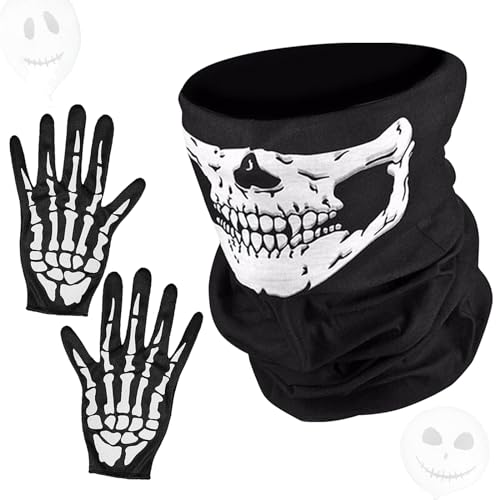 Booaee Schädel Gesichtsmaske,3 PCS Skelett Maske Handschuhe Set,Nahtlos Schädel Gesicht Schlauch Totenkopf Maske Schwarz,Party Kostüm Motorradmaske Knochen Weiß Halloween Cosplay Fasching Damen Herren von Booaee