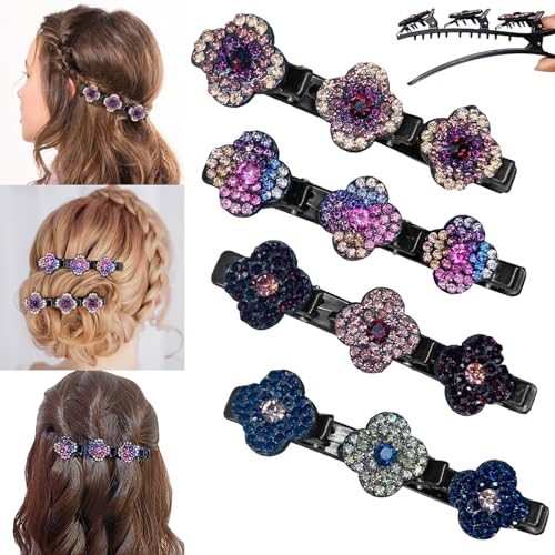 4 Stück Haarspangen Damen,Geflochtene Haarspangen Doppelschicht Haarklammer mit Glitzernde Kristall-Stein,Haarschmuck Damen Hair Accessories Haar Clips mit 3 Mini Haarspangen Haarclips Mädche Damen von Booaee