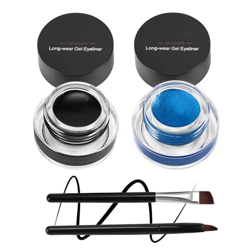 Boobeen 2 Farben Liner Eyeliner Gel Waterproof - Augenbrauenfarben Gel Formel Long Lasting - Augen Makeup Set mit 2 Pack Eyeliner Pinsel und Brauenpinsel (Schwarz und Blau) von Boobeen