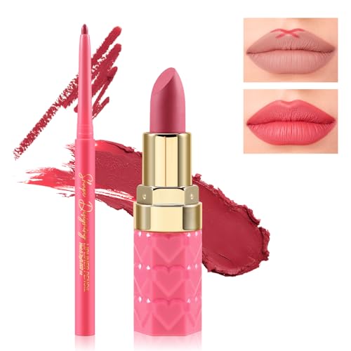 Boobeen 2Pcs Lip Liner und Lippenstift Makeup Set, Lip Crayon Pencil Velvety Nude Lipliner Lip Gloss Make Up Geschenk Sets für Frauen, Ultra-Long-Lasting Matte aber nicht trocken von Boobeen