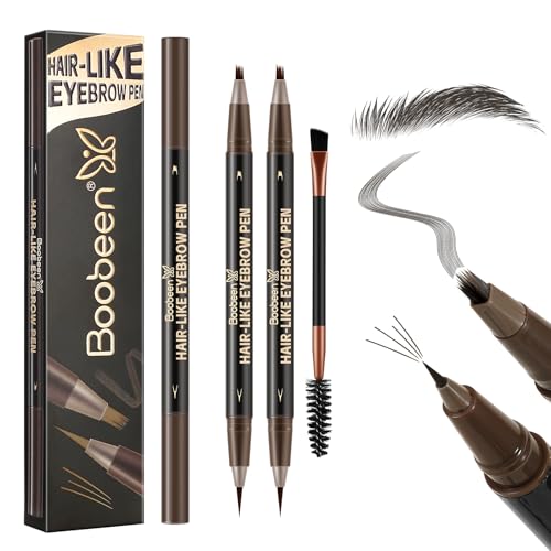 Boobeen 2er-Set Wasserdichter Augenbrauenstift, Doppelseitiger Eyeliner Microblading-Augenbrauenstift für Frauen, Langlebiger, haarähnlicher Brauenstift mit Augenbrauenbürste, Dunkelbraun von Boobeen
