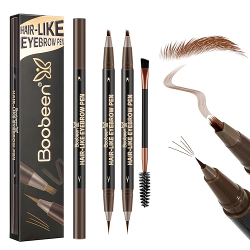 Boobeen 2er-Set Wasserdichter Augenbrauenstift, Doppelseitiger Eyeliner Microblading-Augenbrauenstift für Frauen, Langlebiger, haarähnlicher Brauenstift mit Augenbrauenbürste, Dunkelbraun von Boobeen