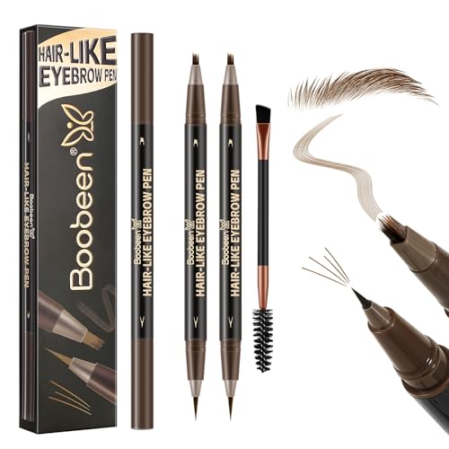 Boobeen 2er-Set Wasserdichter Augenbrauenstift, Doppelseitiger Eyeliner Microblading-Augenbrauenstift für Frauen, Langlebiger, haarähnlicher Brauenstift mit Augenbrauenbürste, Dunkelbraun von Boobeen
