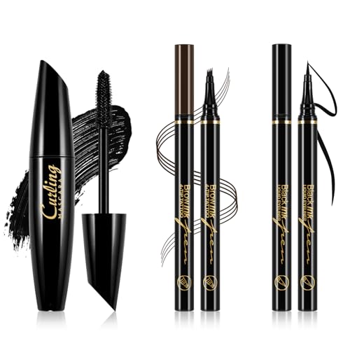 Boobeen 3 in 1 Augen-Makeup-Set mit flüssigem Eyeliner-Stift, Microblading-Augenbrauenstift und Volumen-Mascara für Wimpern, wasserfest und langanhaltend von Boobeen