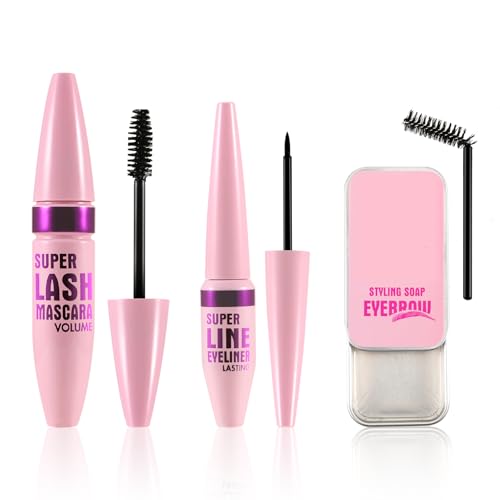 Boobeen 4-in-1 Mascara-Eyeliner-Set, Volumen-Länge-Mascara & wasserfester Eyeliner, mit Augenbrauen-Styling-Seife und Spiralbürste, langanhaltend und wischfest von Boobeen