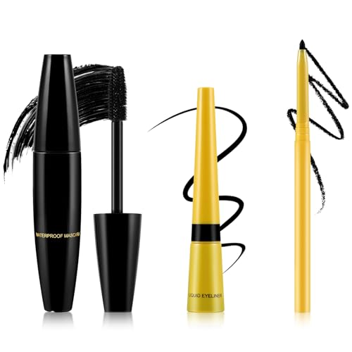 Boobeen 4D Silk Fiber Mascara & Eyeliner Pen, Lang anhaltende wasserfeste Mascara und Eyeliner Set, Volumen und Länge Mascara, um die Augen zu vergrößern, Smudge-Proof Liquid Eyeliner für Augen-Makeup von Boobeen