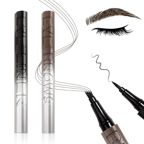 Boobeen Wasserfeste flüssige Augenbrauenstifte mit 4-Gabel-Spitzen, 2 Stück, Microblading Brow Pen und Eyeliner Set, Langlebig und wischfest, Natürliches Augen-Makeup erstellen von Boobeen