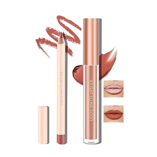 Boobeen flüssiger matter Lippenstift und Lippenstift Set, Nude Red Lip Makeup Longwear Wasserdicht Lipliner Pens & Velvet Lip Stain Lip Gloss Smooth Matte Lip Colour Make Up Gift Set (#07) von Boobeen