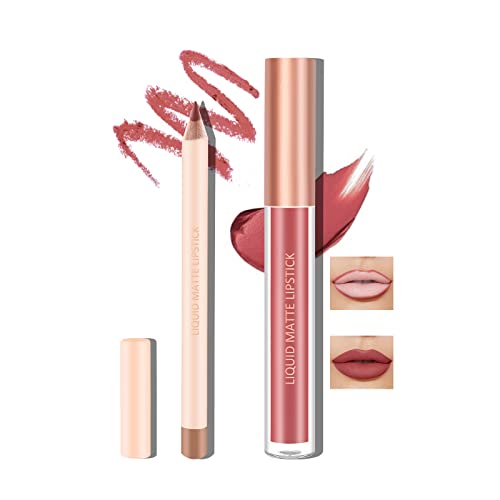 Boobeen flüssiger matter Lippenstift und Lippenstift Set, Nude Red Lip Makeup Longwear Wasserdicht Lipliner Pens & Velvet Lip Stain Lip Gloss Smooth Matte Lip Colour Make Up Gift Set von Boobeen