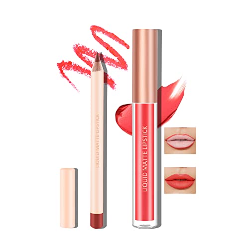 Boobeen flüssiger matter Lippenstift und Lippenstift Set, Nude Red Lip Makeup Longwear Wasserdicht Lipliner Pens & Velvet Lip Stain Lip Gloss Smooth Matte Lip Colour Make Up Gift Set von Boobeen