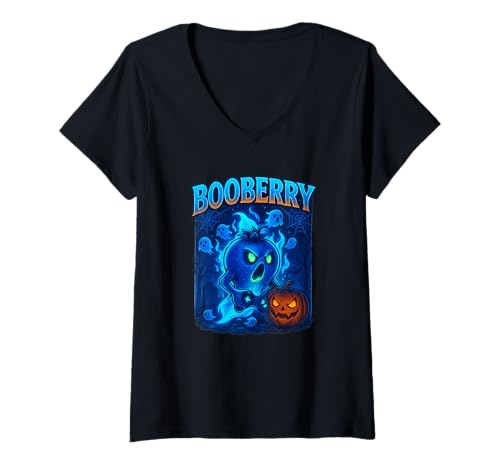 Damen Halloween Shirt Booberry Geist Blaubeere Kürbis Lustig T-Shirt mit V-Ausschnitt von Booberry Geist Blaubeere Kürbis Halloween Lustig