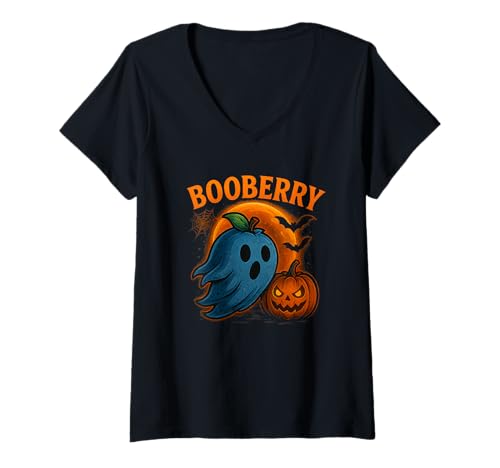 Damen Halloween Shirt Booberry Geist Blaubeere Kürbis Lustig T-Shirt mit V-Ausschnitt von Booberry Geist Blaubeere Kürbis Halloween Lustig