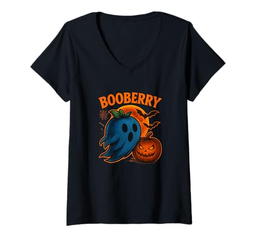Damen Halloween Shirt Booberry Geist Blaubeere Kürbis Lustig T-Shirt mit V-Ausschnitt von Booberry Geist Blaubeere Kürbis Halloween Lustig