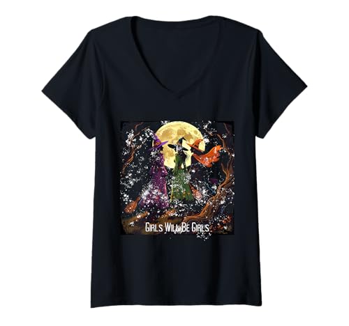 Damen Distressed Three Witches Spooky Halloween Merch T-Shirt mit V-Ausschnitt von Boobie & Bubba