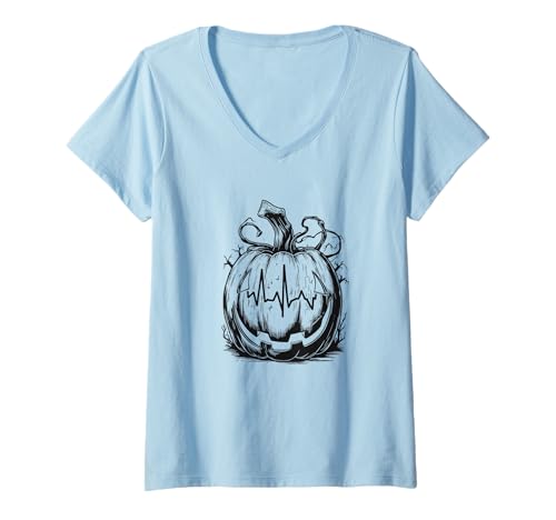 Damen Lustiger Kürbis Herzschlag Merch Halloween Krankenschwester Arzt Geschenk T-Shirt mit V-Ausschnitt von Boobie & Bubba